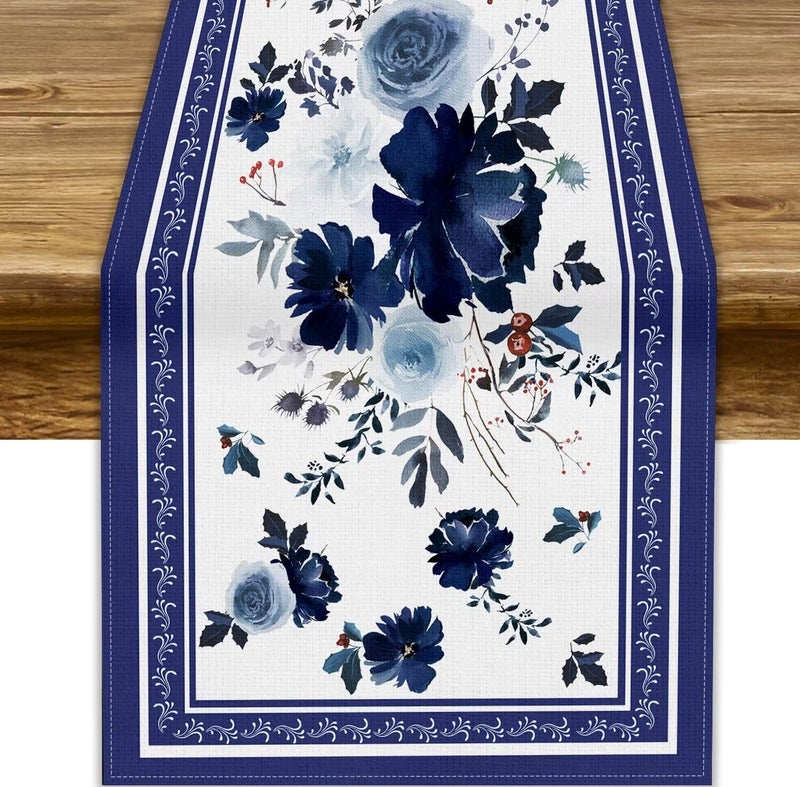 JESTRONRY Navy Blue Flowers Linen Table Runner,Spring Floral Seasonal Dinner Table Decoration for Home Living Room Kitchen Dining Room 13x36in - Image 1