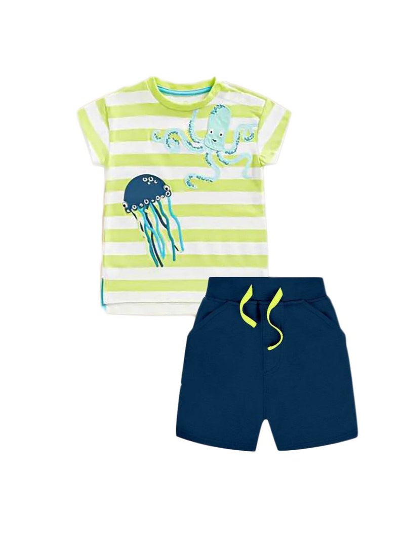 Boys' Set Consisting of Two Pieces, A White T-shirt contains Green Lines and Dark Blue shorts (Navy Blue)
