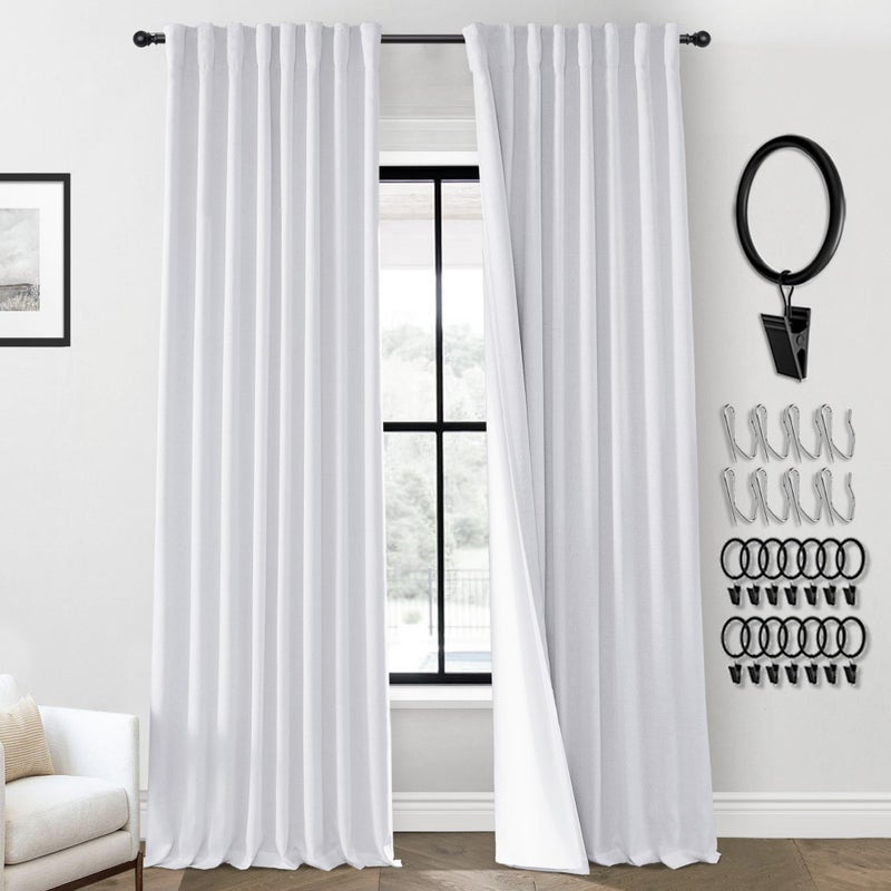 PANELSBURG White Linen Blackout Curtains 90 Inches Long for Living Room 2 Panel Set Pleated Back Tab Thick Duty Heavy Insulated Curtains for Winter52x90 in Length