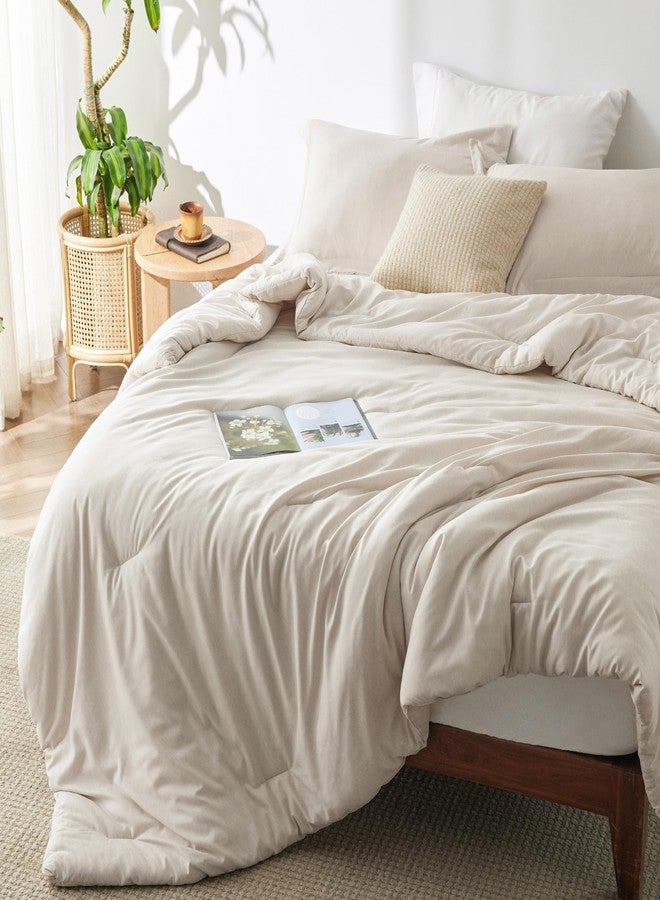 Bedsure King Size Comforter Set - Beige King Comforter Set, Soft Bedding for All Seasons, Cationic Dyed Bedding Set, 3 Pieces, 1 Comforter (104"x90") and 2 Pillow Shams (20"x36"+2") - Image 1