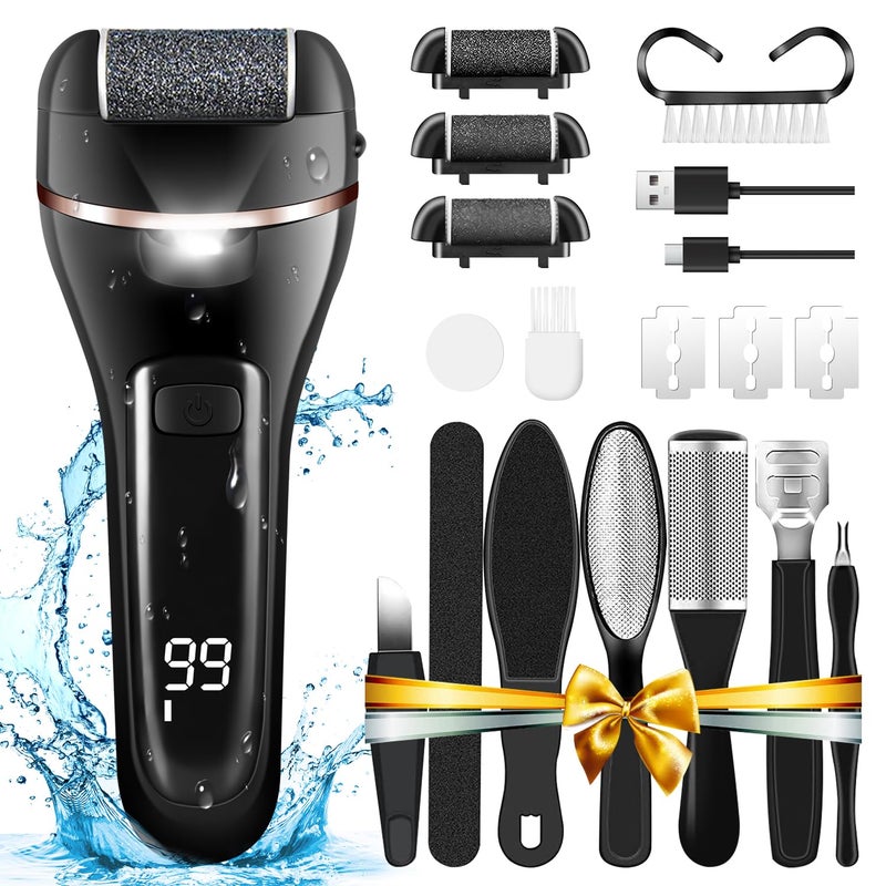 Foot Callus Remover,جهاز تقشير الجلد الميت للقدمينFeet care,Xkimos 18 in 1 Callous Remover Kit for Remove Cracked Heels and Dead Skin, Rechargeable Pedicure Tools Feet Care File,Battery Display(Black) - Image 1