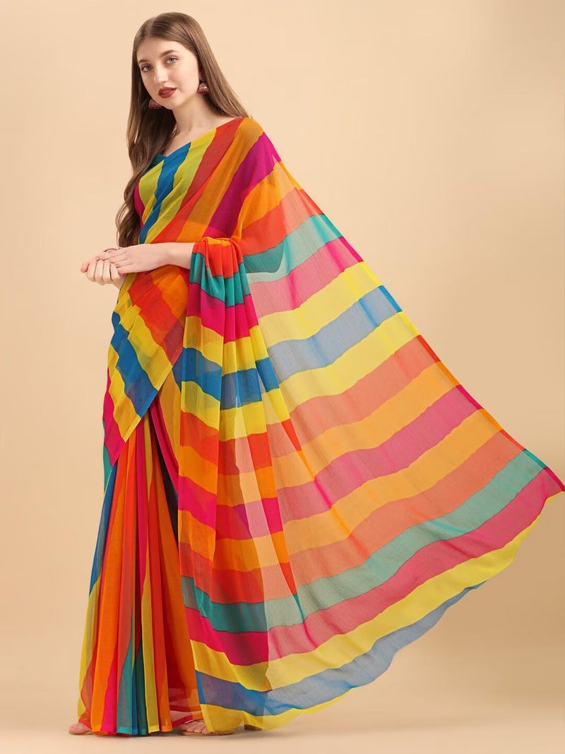 rytras Yellow & Turquoise Blue Colourblocked Pure Chiffon Saree - Image 3