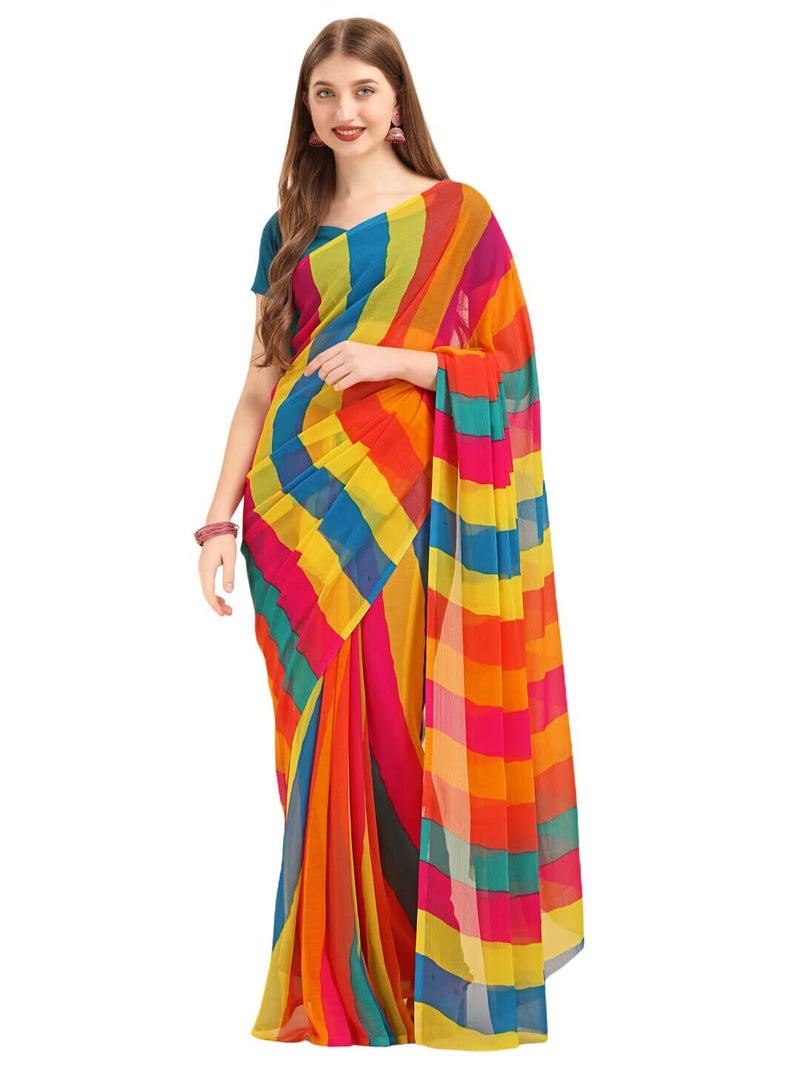 rytras Yellow & Turquoise Blue Colourblocked Pure Chiffon Saree - Image 1
