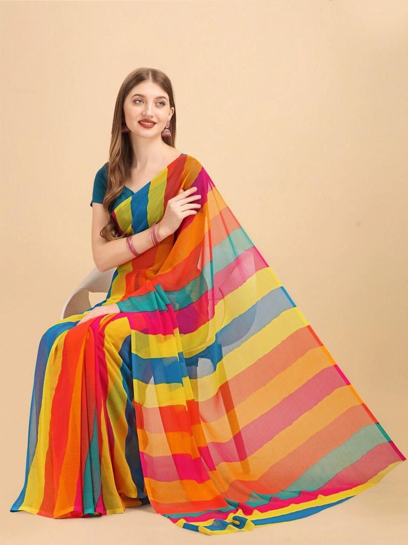 rytras Yellow & Turquoise Blue Colourblocked Pure Chiffon Saree - Image 4