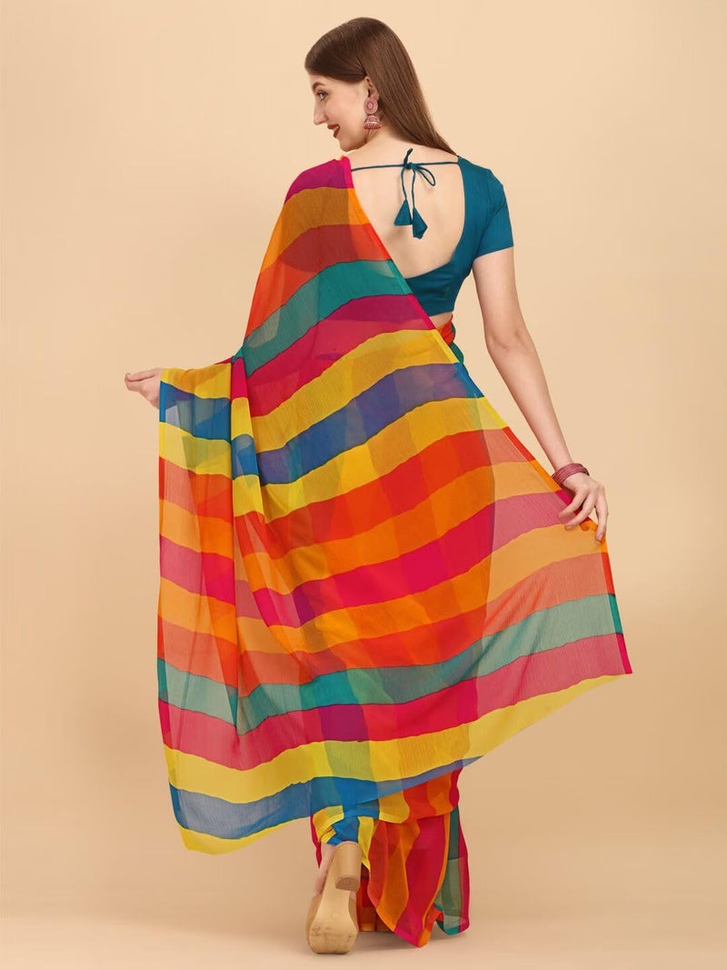 rytras Yellow & Turquoise Blue Colourblocked Pure Chiffon Saree - Image 2