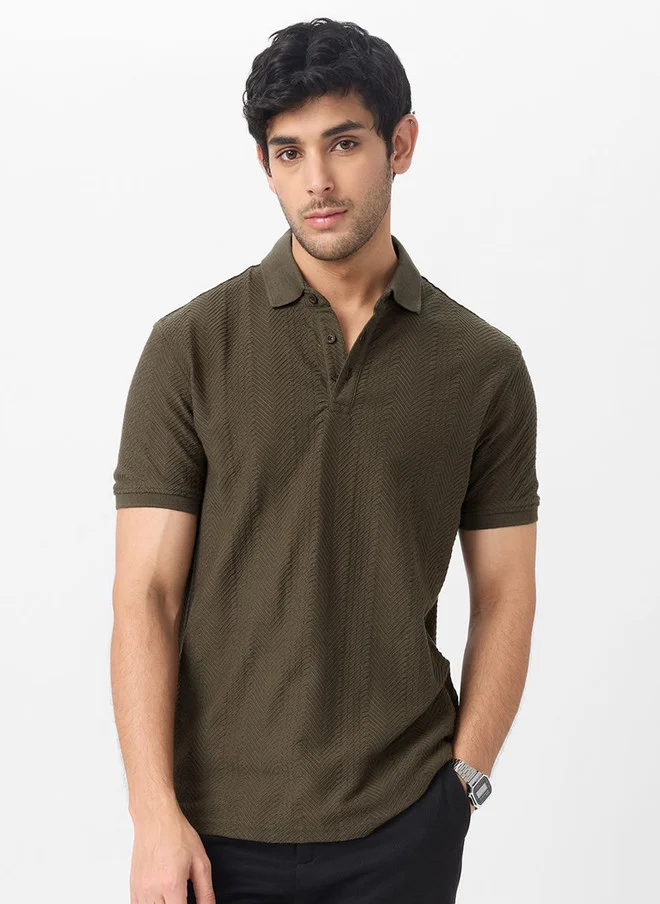 The Souled Store Men Regular Fit Textured Olive Polo