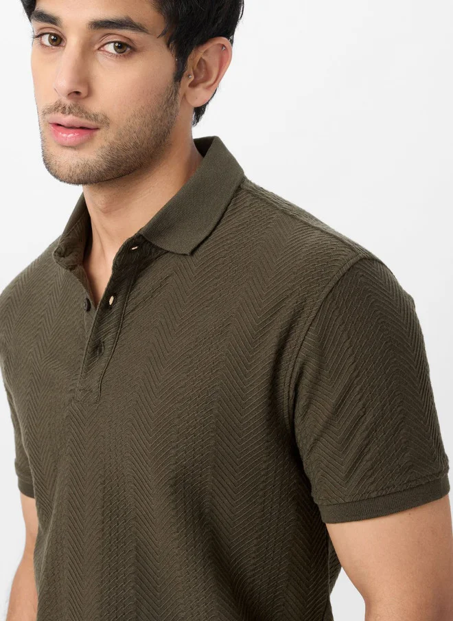 The Souled Store  The Souled Store Men Regular Fit Textured Olive Polo  | Best Price UAE