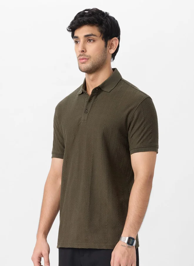 The Souled Store  The Souled Store Men Regular Fit Textured Olive Polo  | Best Price UAE