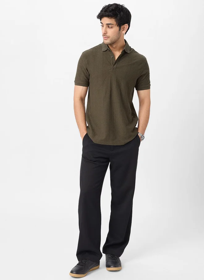 The Souled Store  The Souled Store Men Regular Fit Textured Olive Polo  | Best Price UAE