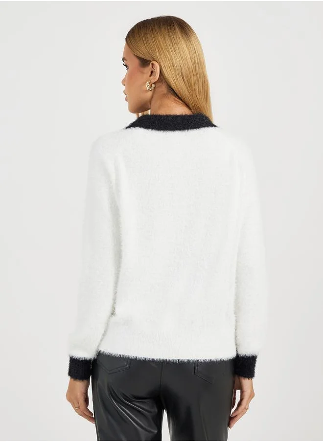 Styli Regular Fit Fuzzy Yarn Cardigan with Contrast Cuff