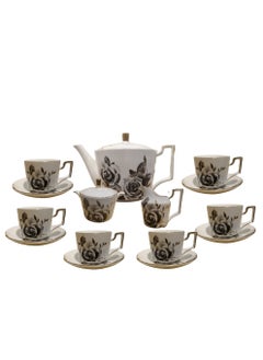 Liying 16 Pcs Tea Sets Bone China with black Rose design Includes 1 Teapot  (1200ML) 6 *6 Cup (200ML)  & Saucer with 1 Sugar Pot and 1 Milk pot