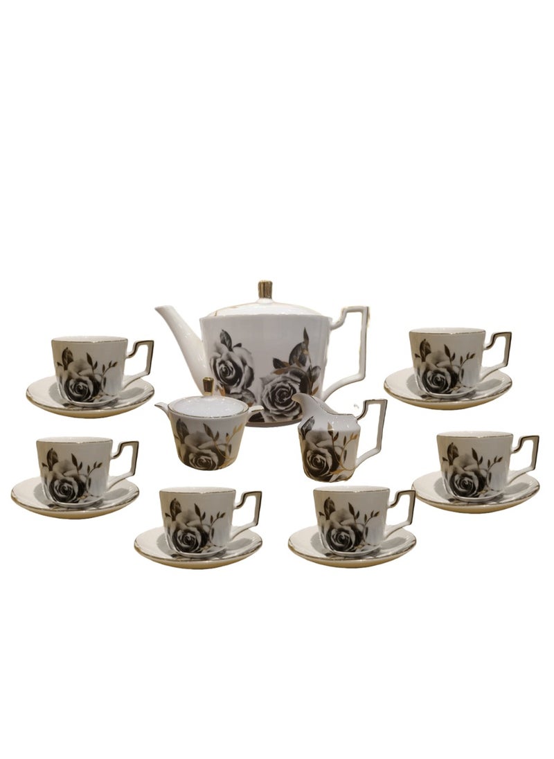 Generic - Liying 16 Pcs Tea Sets Bone China with black Rose design Includes 1 Teapot  (1200ML) 6 *6 Cup (200ML)  & Saucer with 1 Sugar Pot and 1 Milk pot - Image 1