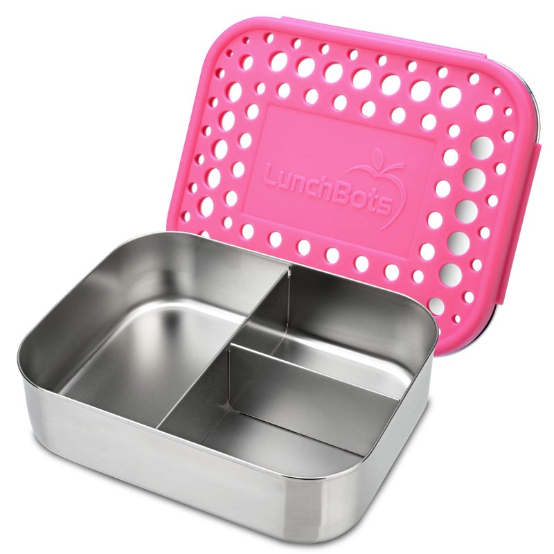 LunchBots Medium Trio II Snack Container - Divided Stainless Steel Food Container - Three Sections for Snacks On the Go - Eco-Friendly, Dishwasher Safe, BPA-Free - Stainless Lid - Pink Dots - Image 1