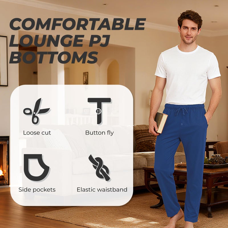 U2SKIIN Mens 100% Cotton Pajama Pants, Lightweight Soft Lounge Pant with Pockets Sleep Pj Bottoms for Men(Royal Blue, L) - Image 3
