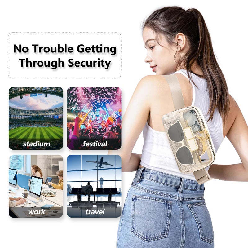 kuifang Clear Fanny Pack Belt Bag Stadium Approved For Women Men With Adjustable Strap Water-Resistant Waist Bag Clear Purse For Travel Workout Running Hiking(Beige) - Image 3