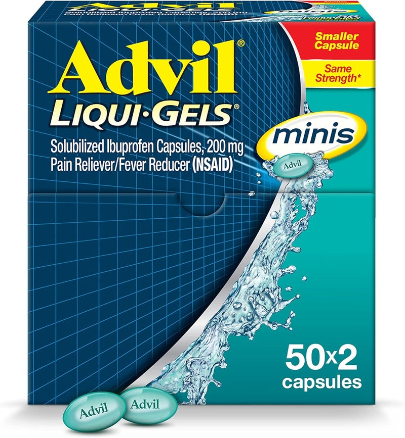 Advil أدفيل ليكوي-جيلز ميني مسكن للألم وخافض للحرارة، دواء للألم للبالغين مع إيبوبروفين 200 ملغ لتخفيف الألم - 50x2 كبسولة سائلة مملوءة