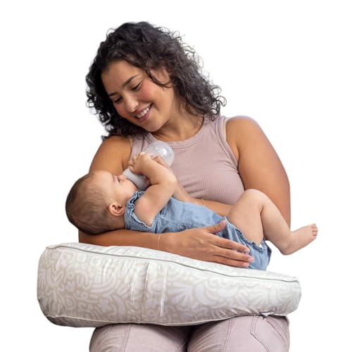Boppy Uplift Nursing Pillow Wedge Bottle Breastfeeding Pillow to Reduce SpitUp and Reflux Symptoms with BodyInclusive Opening and Belt Baby Safety Alliance Verified Cream Retro Squiggles - Image 1