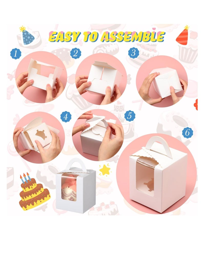 Excefore Cupcake Boxes, Individual Cupcake Boxes, Muffins Cupcake Carriers Holder, with Insert Window & Handle, for Wrapping Party Favor, Wedding Birthday Parties (50 Pcs, White) - Image 4