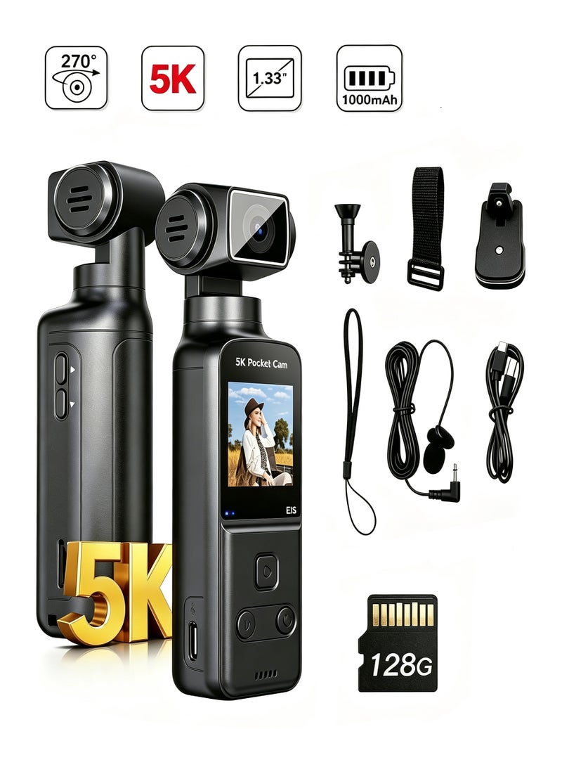dida-cosmos Body Camera 5K with External Microphone, Mini Video & Audio Pocket Cam 270° Rotation Camera with 1.3 Inch Screen ,1000mAh Rechargeable Digital Camera for Outdoor Sport, Bike, Travel,Personal Civilians, 128GB Included - Image 1