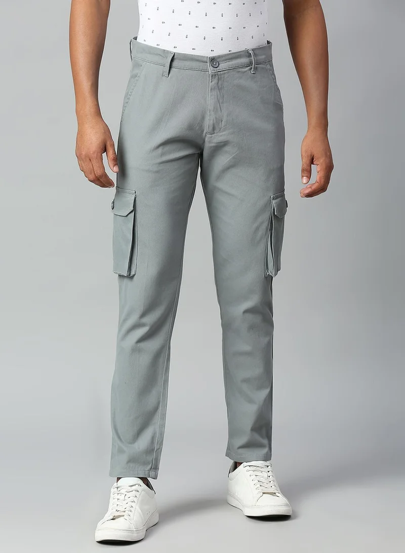 Dennis Lingo Men's Aqua 100% Cotton Solid Full Length Cargo Tapered Fit Trouser