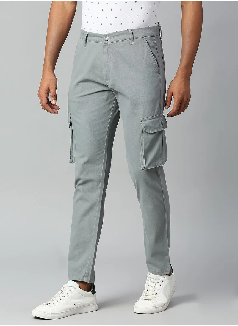 Dennis Lingo Men's Aqua 100% Cotton Solid Full Length Cargo Tapered Fit Trouser