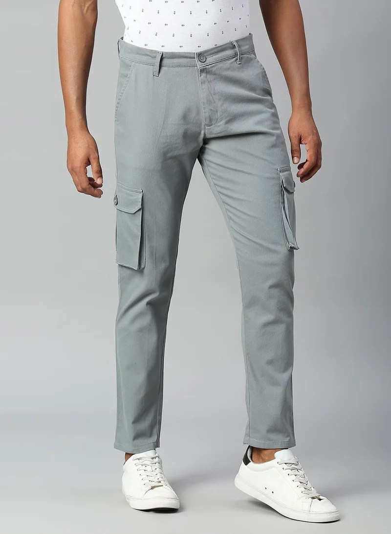 Dennis Lingo Men's Aqua 100% Cotton Solid Full Length Cargo Tapered Fit Trouser