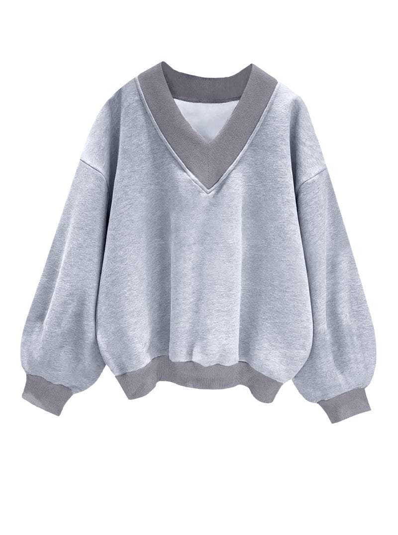 Hilinker Womens V Neck Oversized Sweatshirts Cute Pullover Color Block Long Sleeve Tops Grey B Small - Image 1