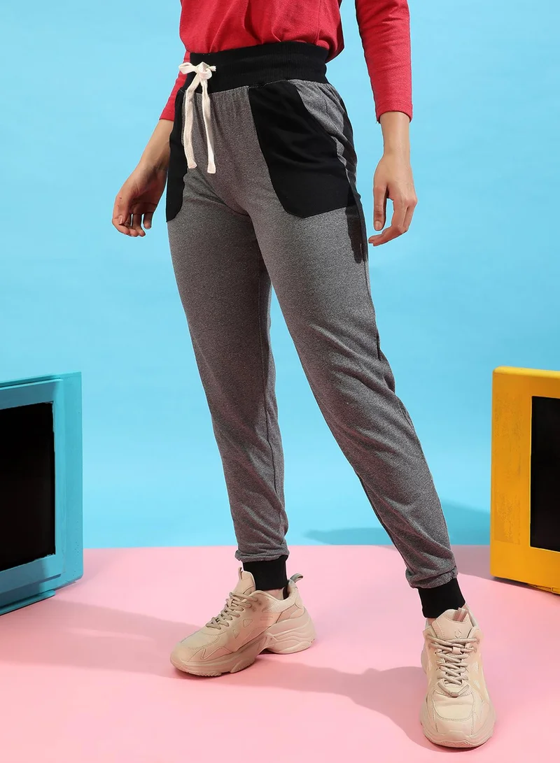Campus Sutra Campus Sutra Women's Grey Colourblocked Trackpants For Casual Wear | Slanted Open Pockets | Drawstring Waist | Poly Cotton Trackpants Crafted With Comfort Fit & High Performance For Everyday Wear