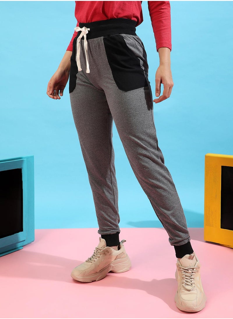 Campus Sutra Campus Sutra Women's Grey Colourblocked Trackpants For Casual Wear | Slanted Open Pockets | Drawstring Waist | Poly Cotton Trackpants Crafted With Comfort Fit & High Performance For Everyday Wear  - Image 3