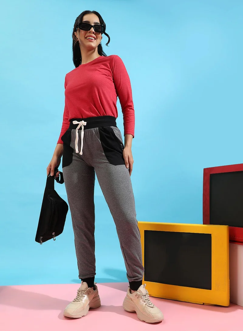 Campus Sutra Campus Sutra Women's Grey Colourblocked Trackpants For Casual Wear | Slanted Open Pockets | Drawstring Waist | Poly Cotton Trackpants Crafted With Comfort Fit & High Performance For Everyday Wear