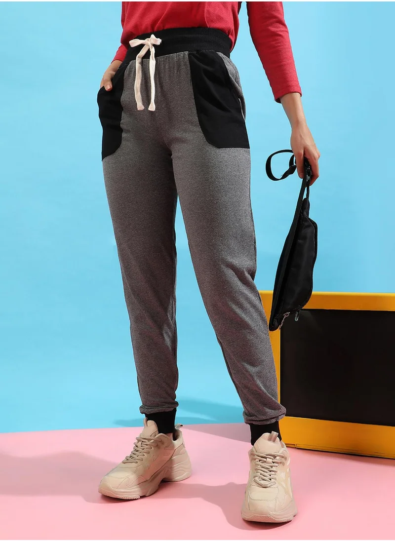 Campus Sutra Campus Sutra Women's Grey Colourblocked Trackpants For Casual Wear | Slanted Open Pockets | Drawstring Waist | Poly Cotton Trackpants Crafted With Comfort Fit & High Performance For Everyday Wear