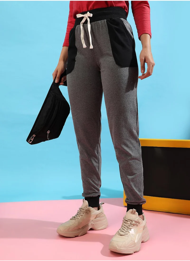 Campus Sutra Campus Sutra Women's Grey Colourblocked Trackpants For Casual Wear | Slanted Open Pockets | Drawstring Waist | Poly Cotton Trackpants Crafted With Comfort Fit & High Performance For Everyday Wear
