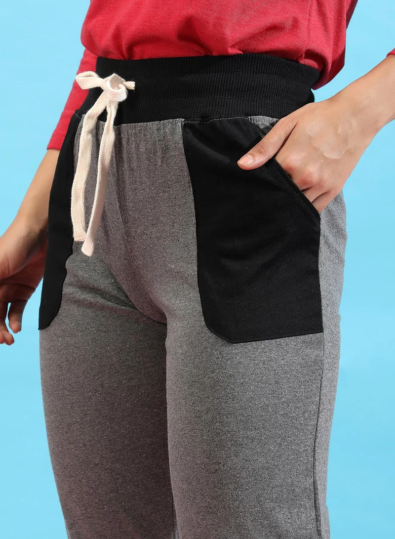 Campus Sutra Campus Sutra Women's Grey Colourblocked Trackpants For Casual Wear | Slanted Open Pockets | Drawstring Waist | Poly Cotton Trackpants Crafted With Comfort Fit & High Performance For Everyday Wear