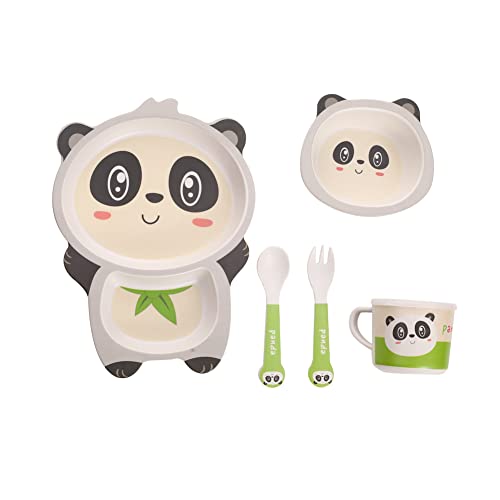 Fekdod Kids Dinnerware Set Bamboo 5 Pcs with Plate Bowl Cup Fork Spoon Panda