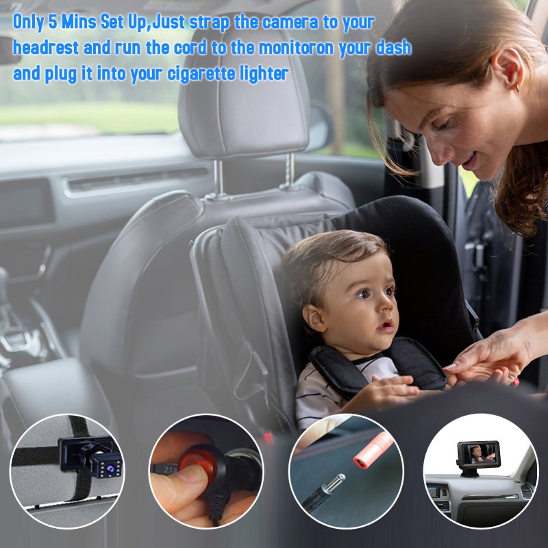 Baby Car Camera: 4.3" IPS Screen, 1080P HD Image, 360° Rotation - Upgraded 80% Clearer Night Vision, 150° Wide View, Black for Rear-Facing Back Seat Baby Monitoring - Image 3