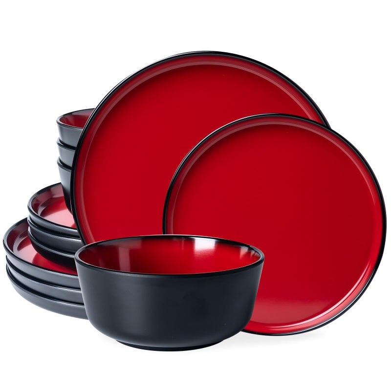 LEHAHA طقم أدوات المائدة الحديثة من LEHAHA مكون من 12 قطعة، أطباق وأوعية للمطبخ، طقم فاخر بتصميم ثنائي اللون أحمر وأسود، طقم أطباق لعيد الميلاد لـ 4 أشخاص - Image 1