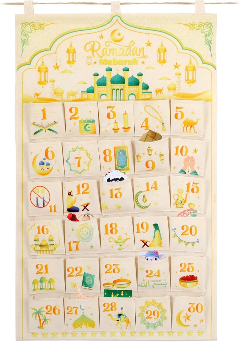 HOWAF Fabric Ramadan Mubarak Advent Calendar (Countdown to Eid), 30 Days Mystery Eid Mubarak Countdown Calendar with 30 Pockets for Eid Mubarak Home Wall Decoration - Image 1