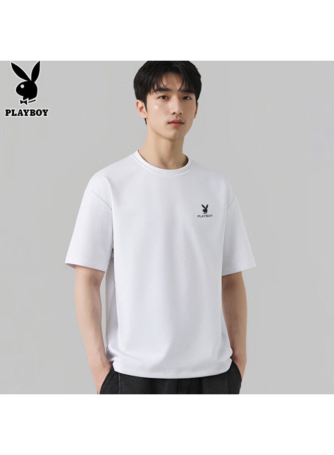 PLAYBOY Short-Sleeve T-Shirt For Men, Summer Men'S Top, Trendy Loose-Fit Solid Color Pure Cotton Undershirt, White, Xl - Image 5