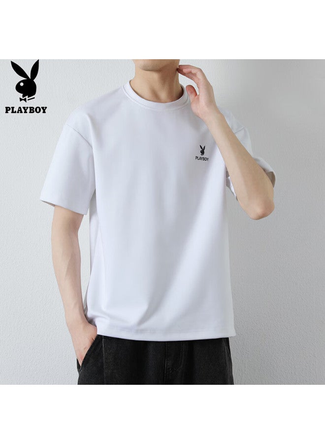 PLAYBOY Short-Sleeve T-Shirt For Men, Summer Men'S Top, Trendy Loose-Fit Solid Color Pure Cotton Undershirt, White, Xl - Image 4