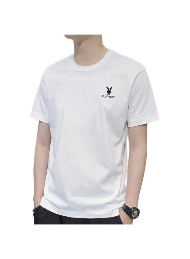 PLAYBOY Short-Sleeve T-Shirt For Men, Summer Men'S Top, Trendy Loose-Fit Solid Color Pure Cotton Undershirt, White, Xl - Image 2