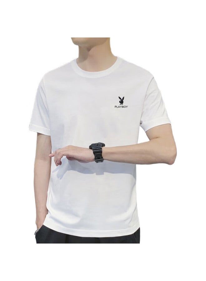 PLAYBOY Short-Sleeve T-Shirt For Men, Summer Men'S Top, Trendy Loose-Fit Solid Color Pure Cotton Undershirt, White, Xl - Image 3