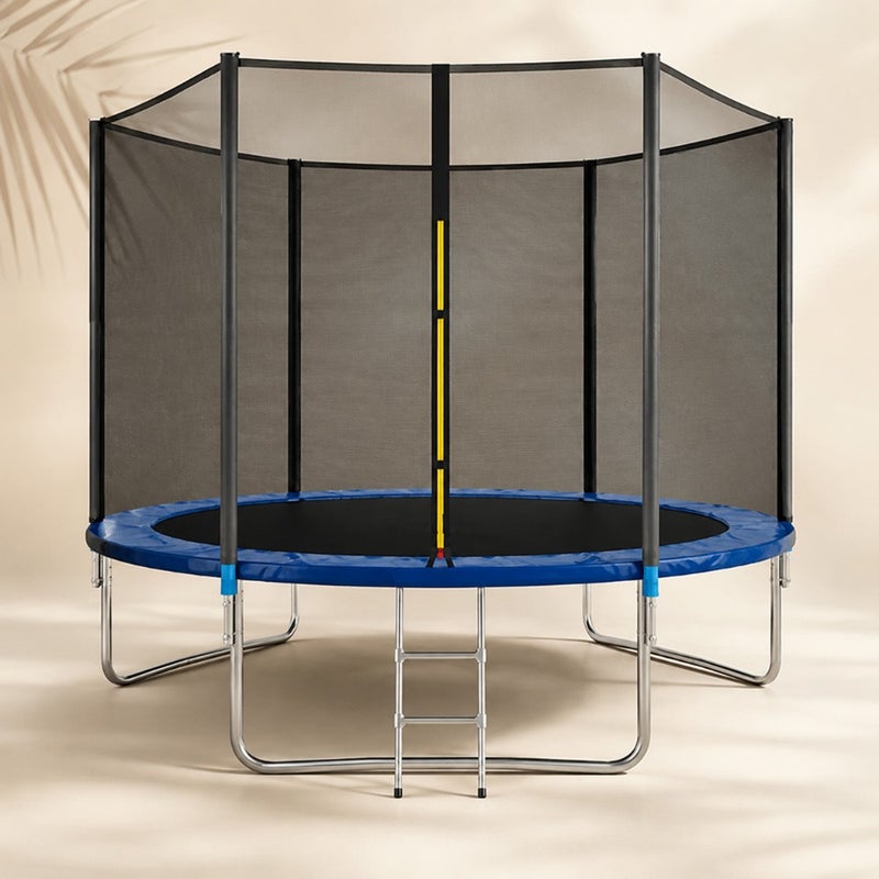 Outdoor garden trampoline for kids and fitness exercise, galvanized steel frame with UV-resistant polypropylene mat, black and green color, 10 FT diameter with full safety enclosure - Image 1