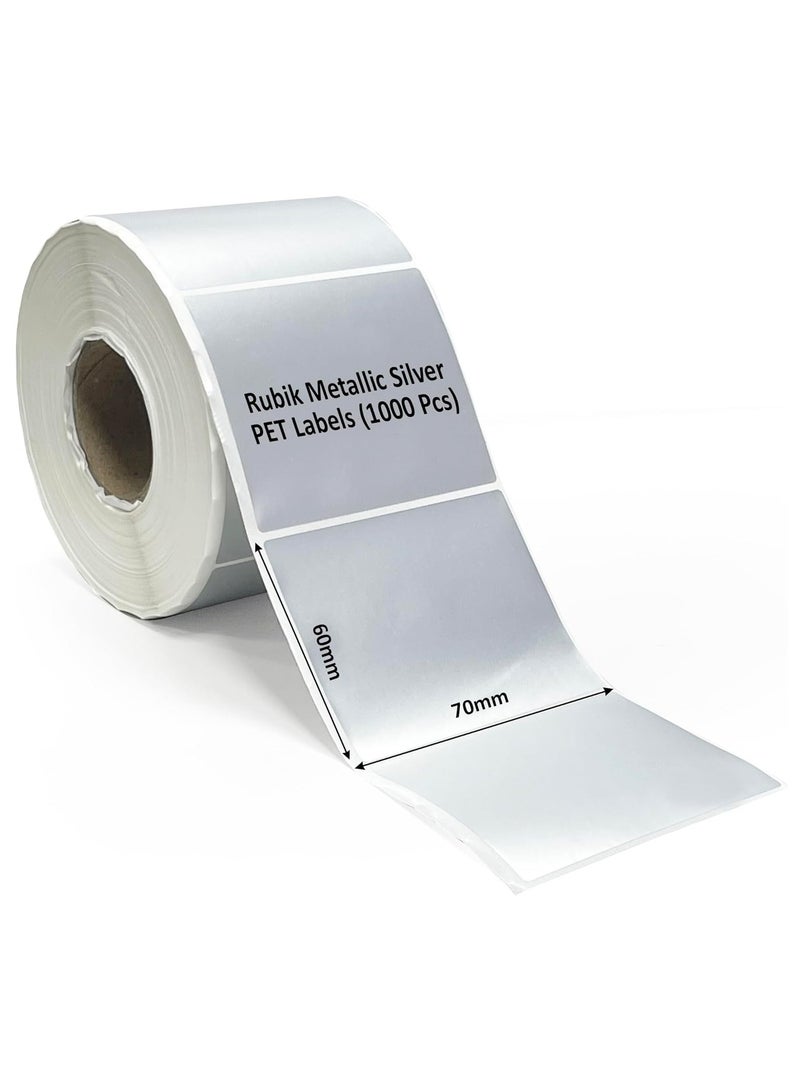 Rubik ملصقات PET فضية معدنية، تشطيب غير لامع، ذاتية اللصق، مقاومة للماء، مقاومة للتمزق، مقاومة للزيت والحرارة (70 × 60 مم (1000 ملصق) - Image 1