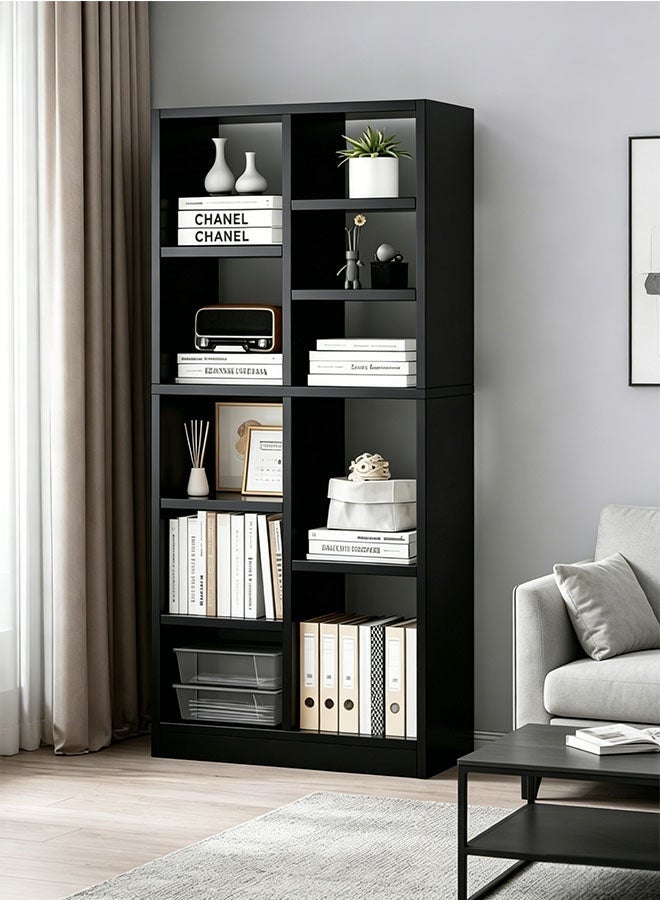Simple wooden open bookshelf and bookcase, 150cm height, floor-standing storage display unit, modern home decor furniture, suitable for living room, bedroom and office (black) - Image 1
