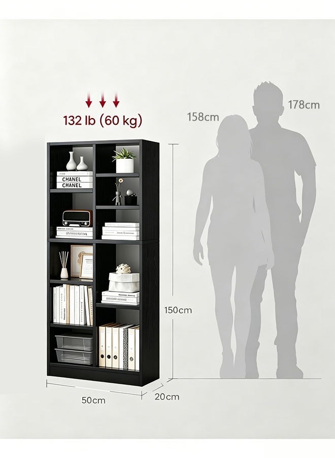 Simple wooden open bookshelf and bookcase, 150cm height, floor-standing storage display unit, modern home decor furniture, suitable for living room, bedroom and office (black) - Image 4