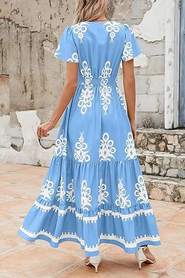 Outzidr  Light Blue Wrap Neck Contrast Coloured Printed Dress for Women | Best Price UAE