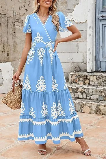 Outzidr  Light Blue Wrap Neck Contrast Coloured Printed Dress for Women | Best Price UAE