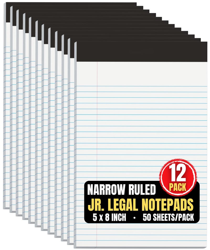 1InTheOffice Jr Legal Pads,Small Legal Notepads, 5" x 8", Narrow Ruled Note Pad, White, 50 Sheets/Pad, 12 Pads/Pack - Image 1