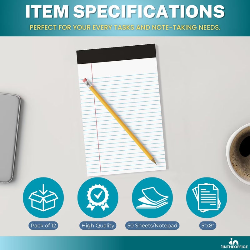 1InTheOffice Jr Legal Pads,Small Legal Notepads, 5" x 8", Narrow Ruled Note Pad, White, 50 Sheets/Pad, 12 Pads/Pack - Image 3