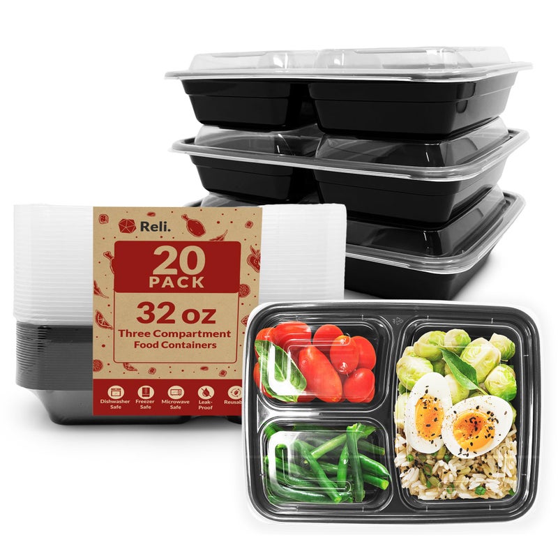 Reli. Meal Prep Containers 32 oz (20 Pack) 3 Compartment Meal Prep Containers Reusable, Microwave Safe | Plastic Togo Box for Food | Mealprep Box for Takeout, To Go, Leftover, Food - Image 1